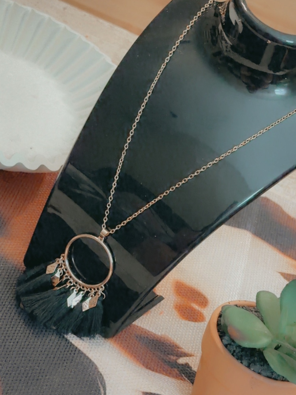 SHEIN Gold-Tone Necklace with Black Tassel Circle Pendant 28” chain